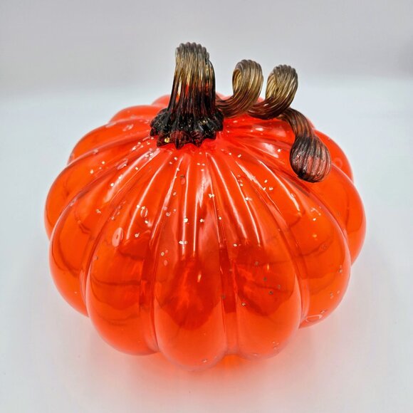 Hand Blown Art Glass Pumpkin Orange Gold Flecks Stem Halloween Fall Decoration - Picture 4 of 10